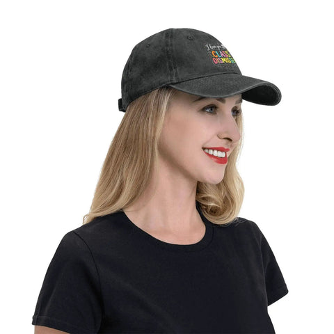 Side view of a woman wearing a Washed Distressed Low Profile Baseball Cap For Men, Adjustable Buckle Strap, black color.