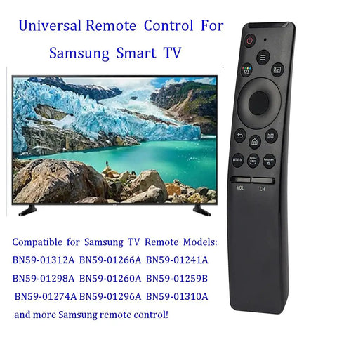 Universal Smart TV Remote Replacement For 2015 To 2024 Models With Quick Netflix And Prime Video Shortcuts Comfortable Grip Easy Setup And Broad Compatibility With BN59 Series Remotes next to Samsung TV