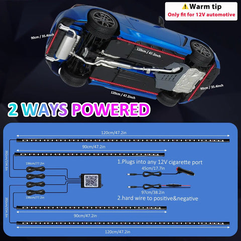 Diagram showing 4 Piece Underglow Kit For Cars And Trucks App Controlled Multicolor RGB Underbody Lights installation options.