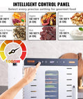 Big Time 1000W Electric Food Dehydrator With 10 Spacious Stainless Steel Trays And Easy Digital Controls showing control panel and settings.