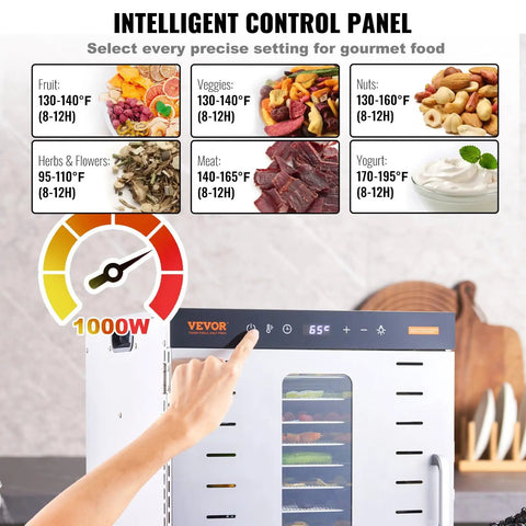 Big Time 1000W Electric Food Dehydrator With 10 Spacious Stainless Steel Trays And Easy Digital Controls showing control panel and settings.