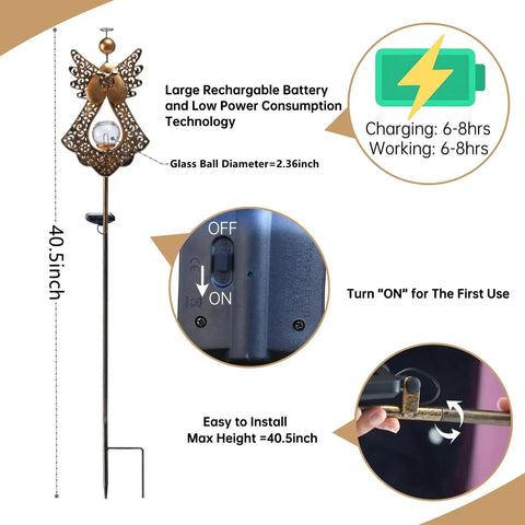 Diagram of Angel Stake Solar Lights With Crackle Glass Globe Waterproof Warm White LEDs, 40.5 Inch Metal Bronze Garden Stake