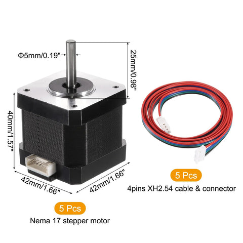 5 pcs Nema 17 stepper motors, 42x42x40 mm, with 4‑lead XH2.54 cables for 3D printers and CNC machines