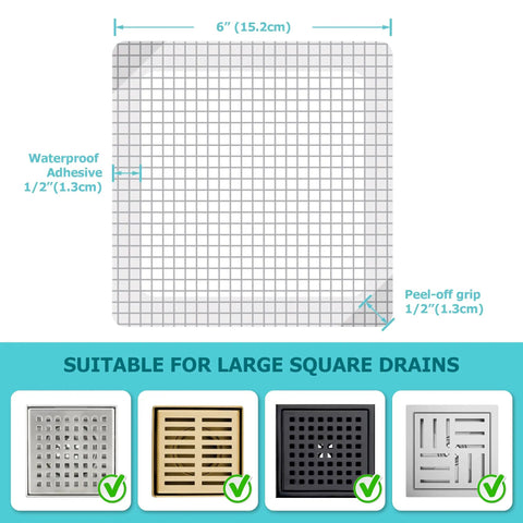 25 Pack Disposable Shower Drain Hair Catcher Peel And Stick Drain Strainer 6 Inch Square Cover with grid pattern and waterproof adhesive.