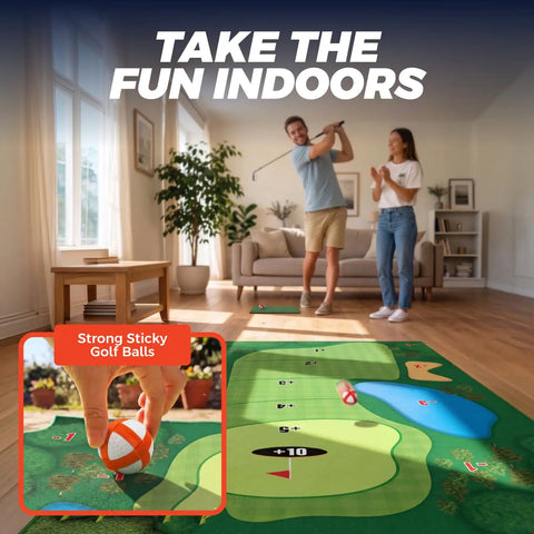Chipping Golf Practice Mat Set for Indoor Outdoor Fun with 20 Sticky Balls setup indoors, family enjoying game.