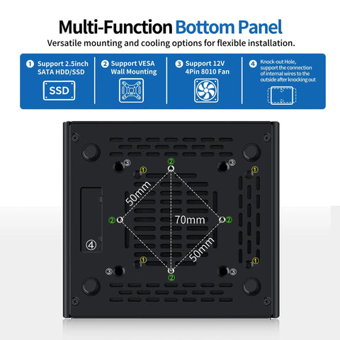 Silent Fanless Mini PC Powered By Core I3 8130U Processor bottom panel with mounting options and ventilation design.