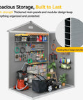 6x4 Ft Resin Outdoor Storage Shed with Floor and Window, interior view with tools, lawn gear, weatherproof design for patio use