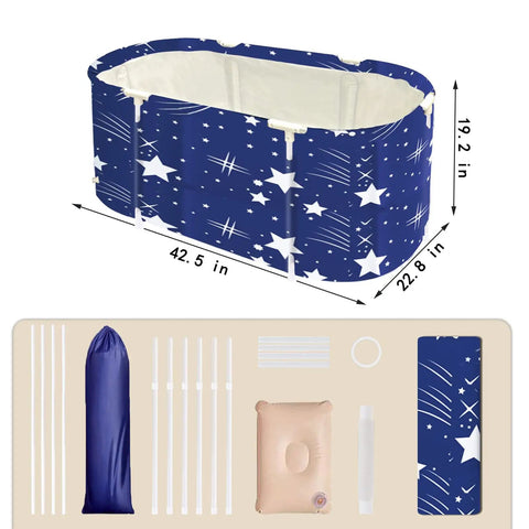 Portable Folding Bathtub Soak Tub For Tiny Bathrooms And Showers, Spa Level Soaking, No Pump Needed, Starry Night Blue design.