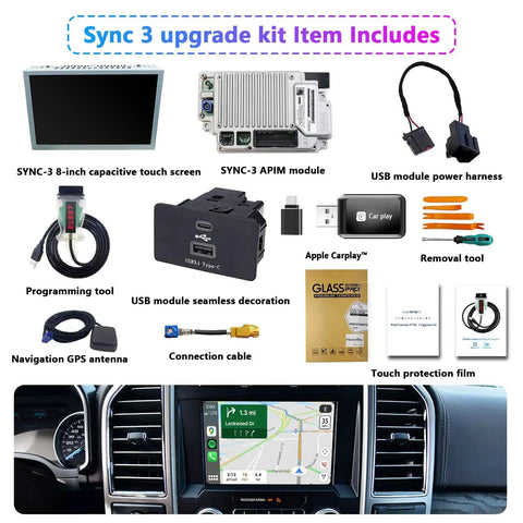Ford Sync 2 To Sync 3 Upgrade Kit With Wireless CarPlay And 8 Inch Touchscreen GPS Navigation Displayed With Components