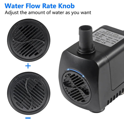 15W Submersible Water Pump With Dope LED Lights 260GPH For Pond Aquarium Water Feature Outdoor Fountain And Statuary Gardens Adjustable Flow Valve 110 V To 120 V Quiet Durable showing water flow rate knob