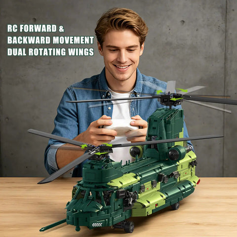 Person operating Remote Control Military Helicopter Building Blocks Set With Realistic Tandem Rotor Design RC Aircraft Model Kit