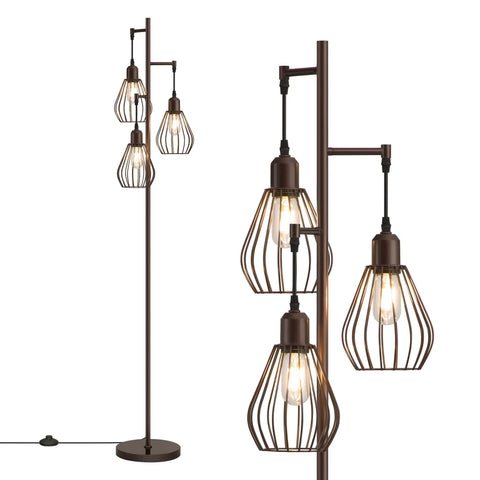 Industrial Tree Floor Lamp With Three Teardrop Cage Heads And 3000K Edison Bulbs, Rustic Farmhouse Tall Standing Lamp For Living Room