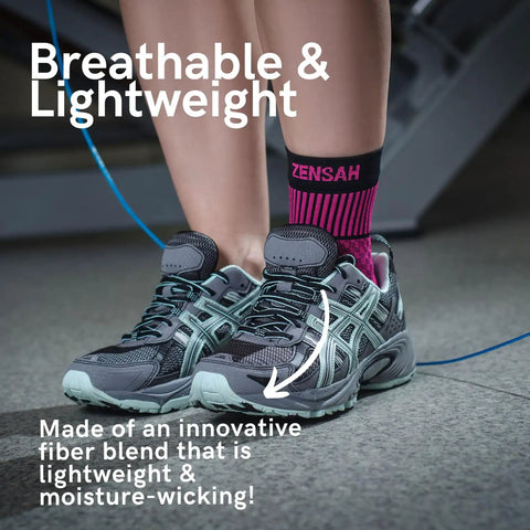 Person wearing Ankle Support Compression Sleeve For Running, Soccer And Volleyball - Breathable All Day Comfort, Black, Medium.