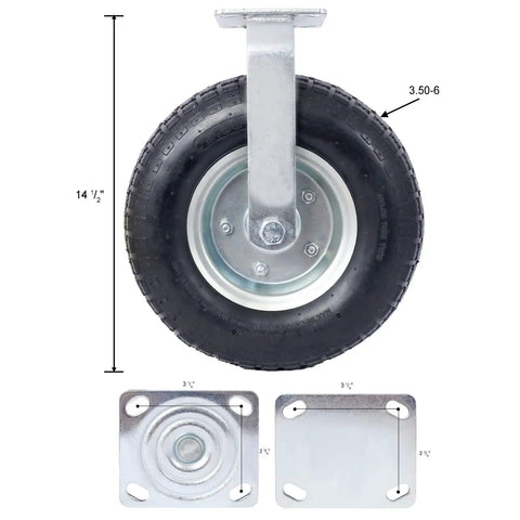 No Sweet Glide 12 Inch Pneumatic Caster Wheels Set With Precision Ball Bearings and Knobby Ribbed Rubber Tires, showing 14.5" wheel and mounting plates.