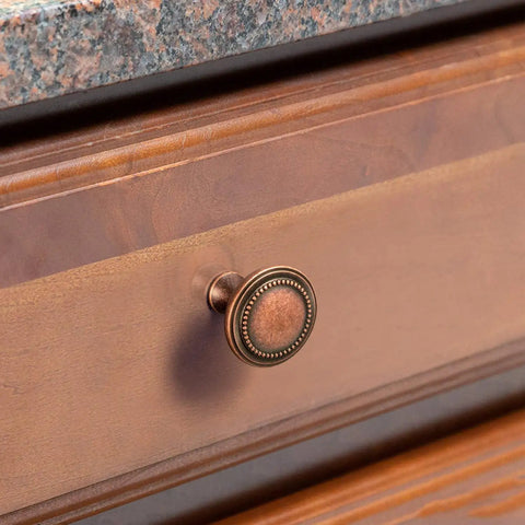 Six Pack Antique Copper Drawer Knobs Set Zinc Alloy Cabinet Hardware Vintage Style Pulls With Single Screw Holes For Kitchen Cabinets And Dressers Durable Easy Install Built Tough Timeless Look installed on wooden drawer