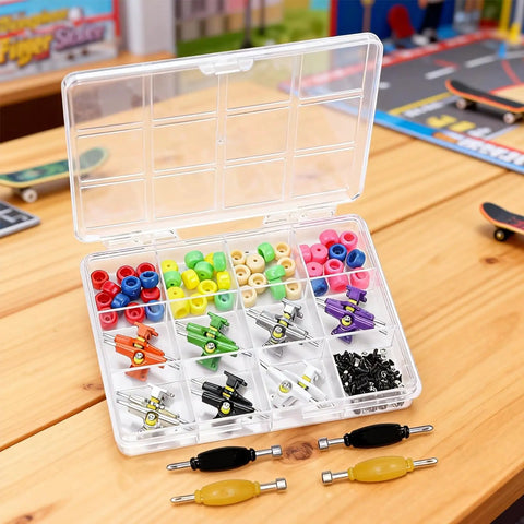 Complete Fingerboard Repair Kit With Slick Trucks Badass Hardware Smooth Wheels Tough Hex Nuts Extra Screws Precision Driver And Solid Brackets For Mini Skate Mods And Fresh Custom Builds in a clear storage case.