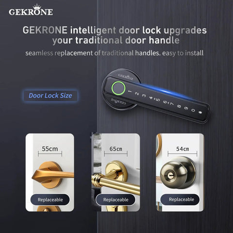 Smart Lever Door Lock With Fingerprint And Keyless Entry, Tuya App Control, Bluetooth Touchscreen Digital Door Knob With Keypad, IC Card And Mechanical Key, Biometric Access For Home, Apartment, Hotel Or Office shown with size options and modern design.