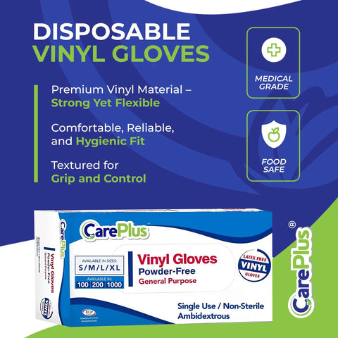CarePlus latex-free vinyl gloves box, clear large size, 100-count, powder-free, ambidextrous