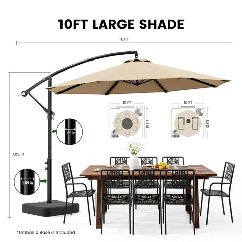 10 Feet Cantilever Offset Patio Umbrella With Base Included, beige canopy over outdoor dining table, 8 rib frame, 360 rotation