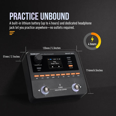 Beast 130 Plus Effects Multi Effects Pedal For Guitar With NAM And IR Support, built-in tuner and metronome, dimensions labeled