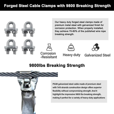 Five Sixteenth Inch Galvanized Steel Cable Kit 10 Ft 7x19 Aircraft Wire Rope With Loops Includes Clamps And Thimbles Built Tough For Zipline Boat Lift And Outdoor Projects, 9800 lbs breaking strength steel clamps.