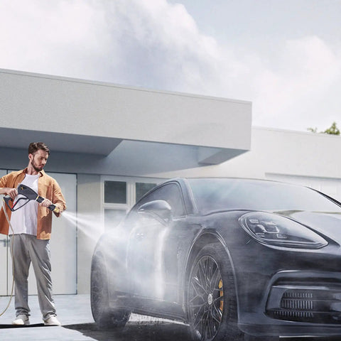 Man using High Pressure Washer Gun With M22 Thread For 5000 PSI Power Wash, Heavy Duty Sprayer Wand on black car