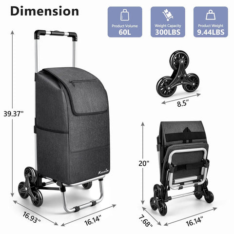 2 In 1 Aluminum Stair Climbing Cart With Foldable Frame And Waterproof Oxford Bag 300 Pounds Capacity shown with dimensions
