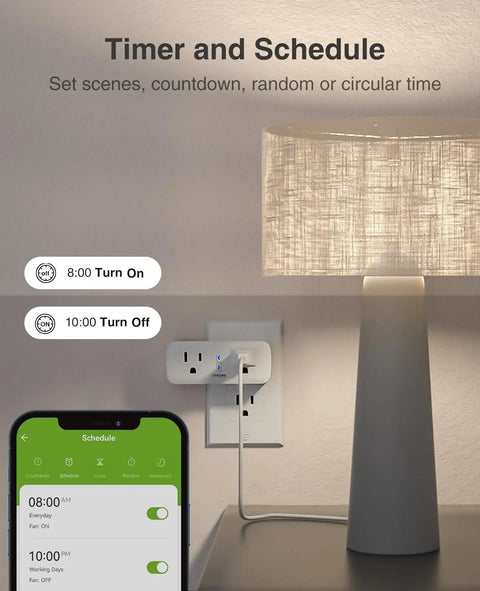 Dual Smart Plug 15A That Works With Alexa And Google Home installed near lamp with app control on smartphone, FCC Listed, 1 Pack