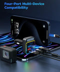 54W Four Port Car Charger With PD36W And QC3 18W Fast Charging Wireless FM Transmitter connected to multiple devices