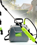 Battery Powered Sprayer 1.35 Gallon For Lawn And Garden, Electric Sprayer with nozzles, shoulder strap, in use on lawn.