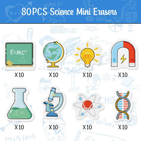 Science Mini Erasers 80 Pack With Eight Pattern Erasers including microscope, magnets, DNA, and globe designs for classroom use.