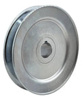 Heavy Duty Built Tough 5 Inch V Belt Pulley With Seven Eighths Inch Bore One Groove For A B 5L 4L V Belts Carbon Steel Motor Pulley Zinc Plated 1020 Steel Construction With Standard Keyseats And Mounting Hardware shown at angle