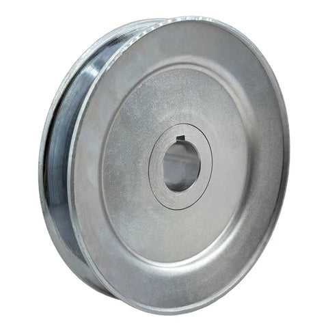 Heavy Duty Built Tough 5 Inch V Belt Pulley With Seven Eighths Inch Bore One Groove For A B 5L 4L V Belts Carbon Steel Motor Pulley Zinc Plated 1020 Steel Construction With Standard Keyseats And Mounting Hardware shown at angle