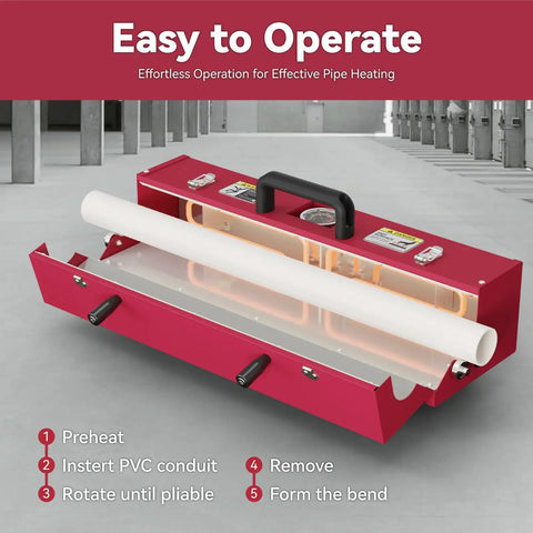 Hoadhen 1200W Electric PVC Conduit Heater for 1/2 to 2 inch pipes, shown with white PVC inside, designed for safe bending.