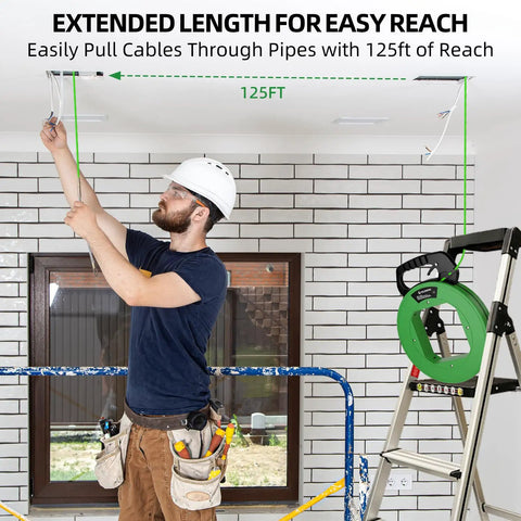 Electrician using a 125 Ft Non Conductive PET Fish Tape Wire Puller with Three Sixteenth Inch Cable, Steel Leader, Ergonomic Handle