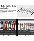 Power Tool Organizer Floor Stand With Charging Station for Garage displaying drill and tool slots with hooks.