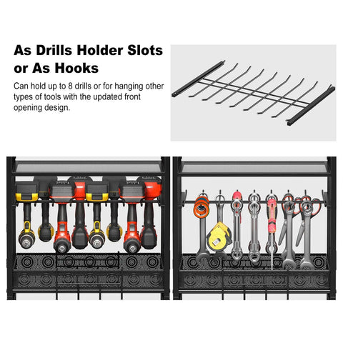 Power Tool Organizer Floor Stand With Charging Station for Garage displaying drill and tool slots with hooks.
