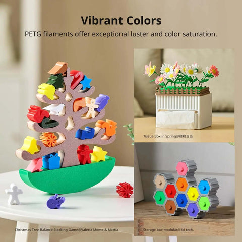 Decorative tree and flower models created with vibrant PETG filament showcasing luster and color saturation.