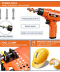 Two In One Kids Tool Workbench Set With Realistic Drill And 91 Piece Tool Accessories, power drill and safety gear display