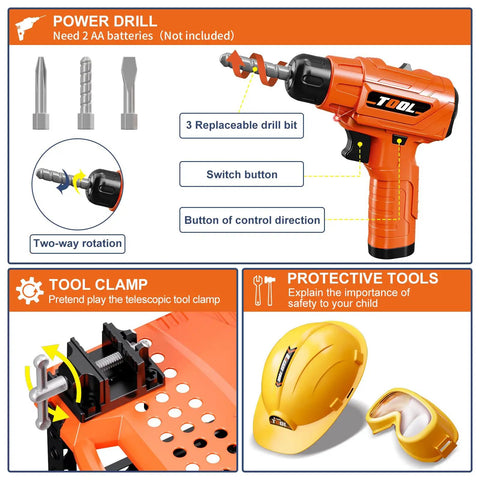Two In One Kids Tool Workbench Set With Realistic Drill And 91 Piece Tool Accessories, power drill and safety gear display
