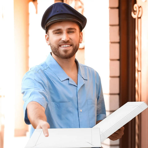 Delivery person holding 100 Pcs 6.5 By 4.5 Inch Rigid Mailers With Self Seal Envelopes Stay Flat Cardboard Mailers for shipping.