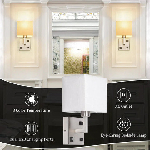 Set of 2 Wall Sconces With USB Port And AC Outlet, Nickel Finish Bedside Lamps in a stylish interior setting