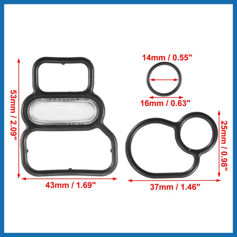 VTEC Solenoid Gasket Spool Valve Filter Screen With O Ring For Honda Civic 1996 To 2005 Pack Of 3 Black Replacement, dimensions shown