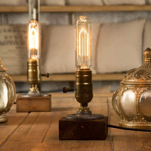 Vintage Table Lamp With Industrial Dimmable Night Light And Steampunk Desk Lamp E26 Socket on rustic wood base