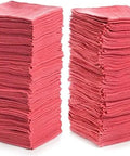 Two stacks of red industrial grade cotton shop towels 12x14 inches, 500 pack, for automobiles, garage and workshop, visible texture.