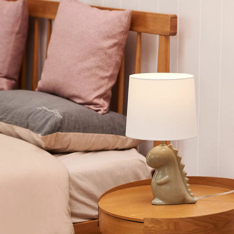 Tommy Dinosaur 16 Inch Ceramic Table Lamp In Green With White Cotton Shade Kid Friendly Nightstand Light For Kids Room Whimsical Decor