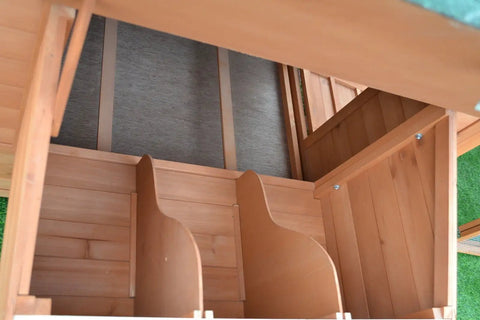 Interior view of Deluxe Large Wood Chicken Coop For Backyard Hen House Fits 6 Large Or 10 Bantam Chickens With 6 Nesting Boxes.