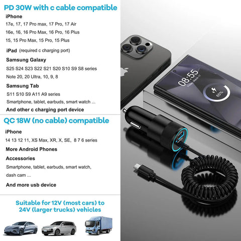 Car Charger Adapter With PD 30W USB C And 18W USB A Dual Fast Charge 2.8Ft Coiled Cable For iPhone 16e 17e 17 Pro Max 16 Plus 15 Series Ultra