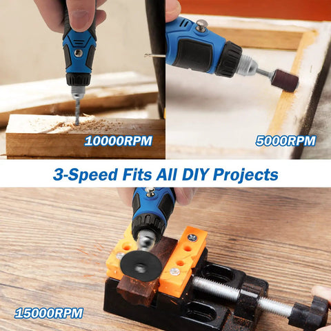 Cordless Rotary Tool Kit For Small DIY Projects With 72 Accessories demonstrating sanding, drilling, and cutting at various speeds.