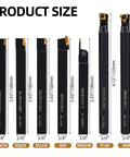 Indexable Lathe Turning Tool Set With Seven Tool Holders And Fourteen Carbide Inserts And Eight Wrenches For Turning, Grooving, Boring, And Threading Great For Home Machinists And Pros, showing 7 tool holders and product size measurements